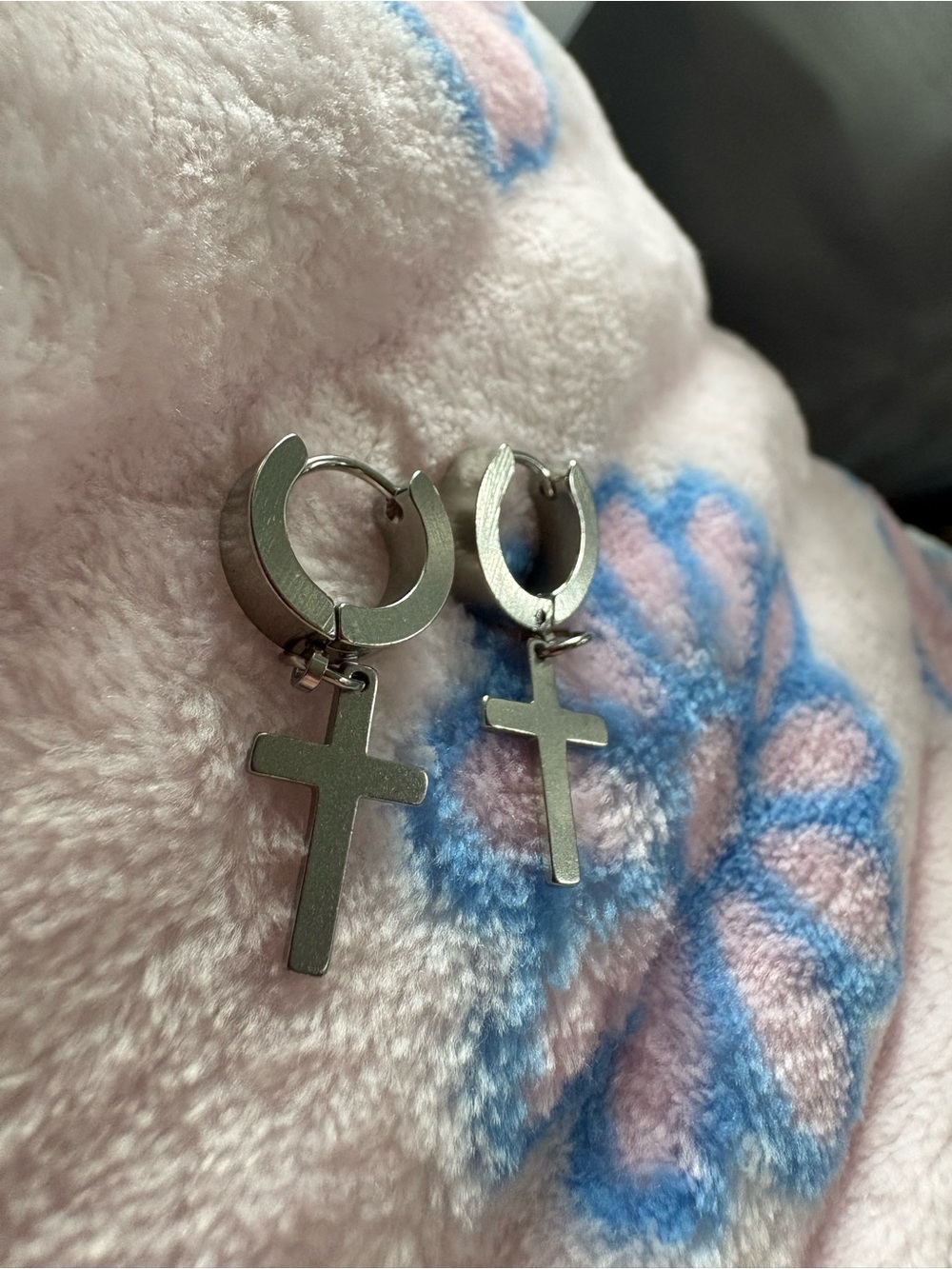 Silver Cross Huggie Hoop Earrings - Pair